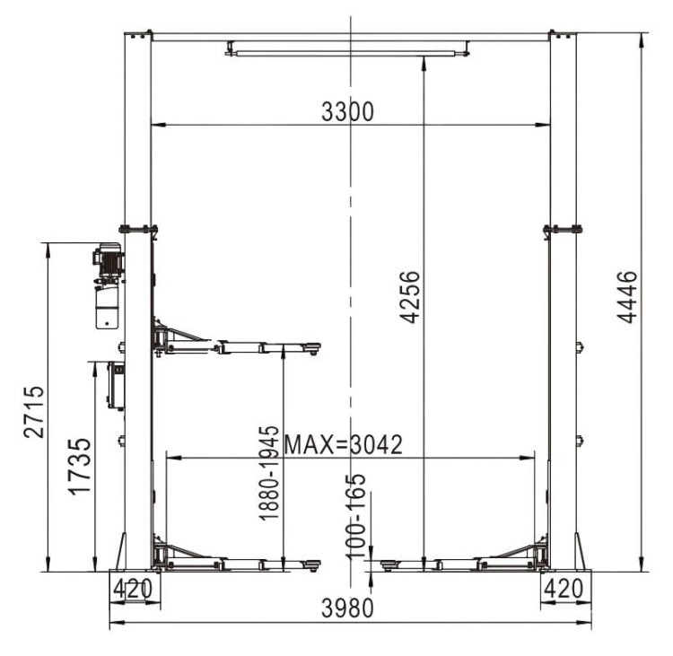 Rysunek techniczny do Podnośnika dwukolumnowego 6T łączony górą