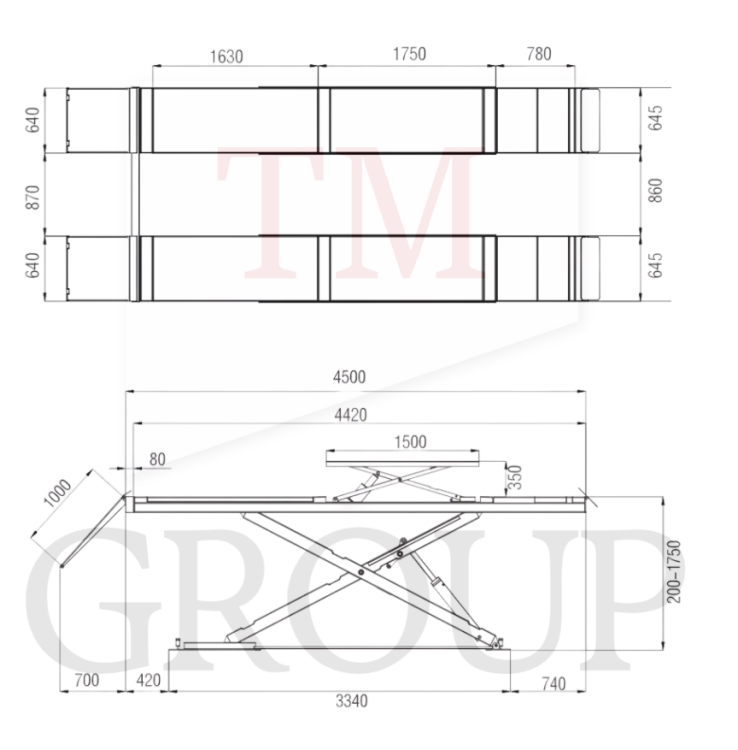 Rysunek techniczny po podnośnika nożycowego, serwisowego TM-GROUP