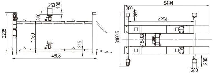 Rysunek techniczny do podnośnika czterokolumnowego 4T 2