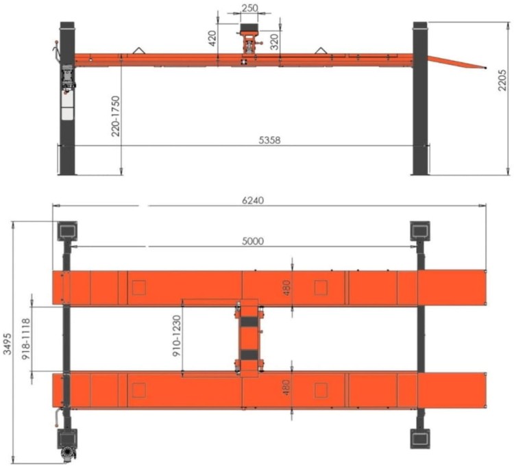 Rysunek Techniczny podnośnika czterokolumnowego 5T samochodowy warsztatowy 2